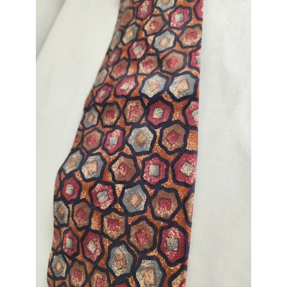 Hathaway Mens Silk Necktie Burgundy Copper Grey Geometric Hexagon Made in USA